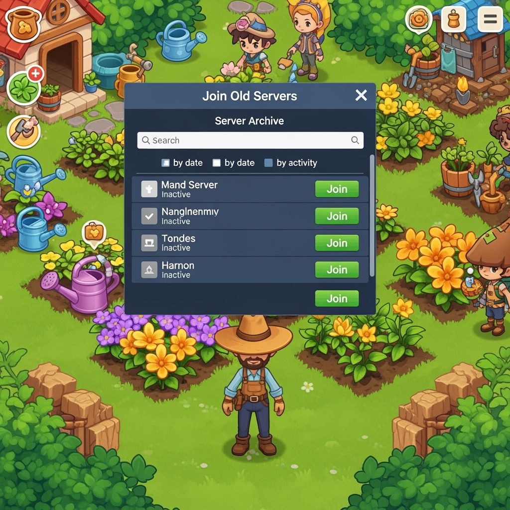 Grow A Garden server browser showing old servers with low player counts